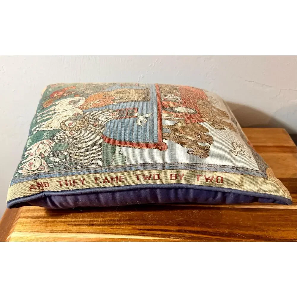 Vintage Noah's Ark Tapestry Pillow | Woven Animal Cushion, Folk Art Decor